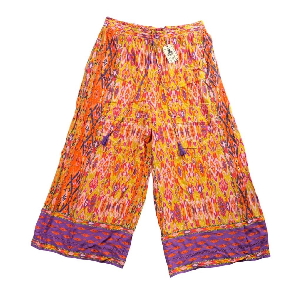 NWT Easel Wide Leg Pants 2X Multicolor Ikat Boho Festival Drawstring Art to Wear